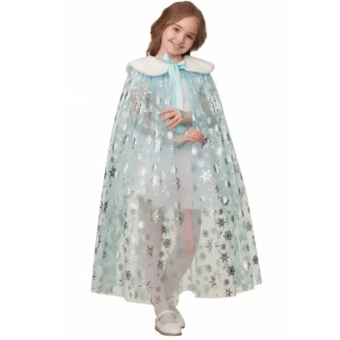 Детский карнавальный Плащ Принцессы бирюза снежинки БАТИК